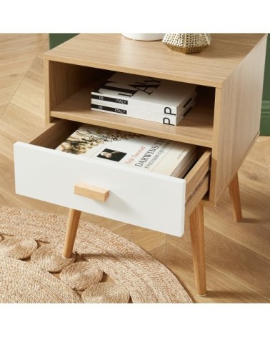 Table de chevet blanc et effet bois et chêne 1 tiroir 40cm
