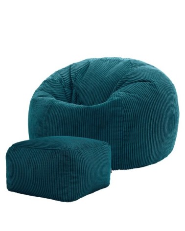 Pouf avec repose-pied carré velours côtelé bleu canard