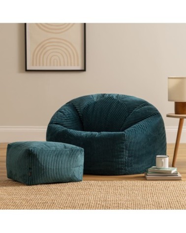 Pouf avec repose-pied carré velours côtelé bleu canard