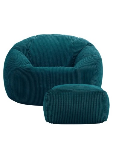 Pouf avec repose-pied carré velours côtelé bleu canard