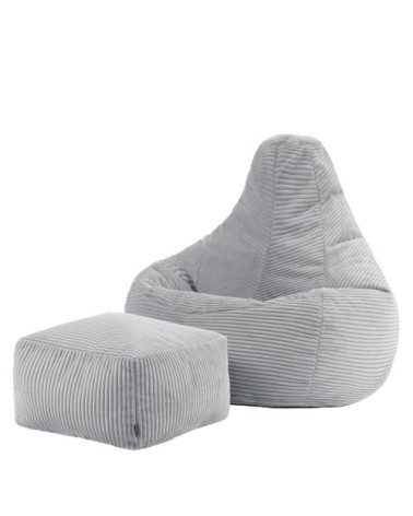 Pouf poire à dossier haut avec repose-pied velours côtelé gris clair