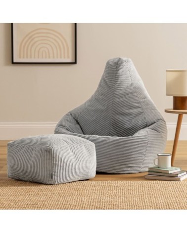 Pouf poire à dossier haut avec repose-pied velours côtelé gris clair