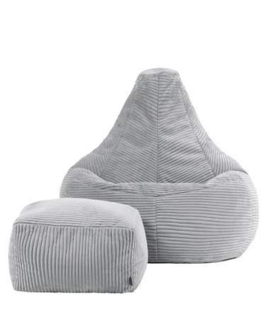 Pouf poire à dossier haut avec repose-pied velours côtelé gris clair