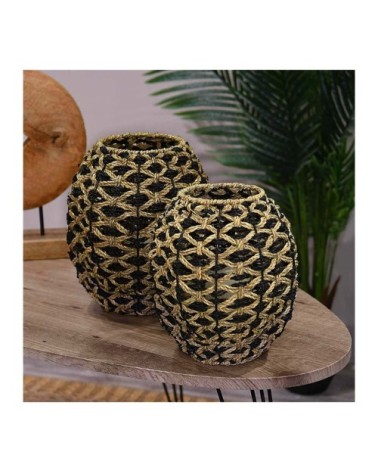 Photophore en jonc de mer  naturel/noir 23X23X23 cm