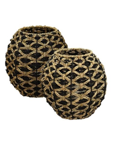 Photophore en jonc de mer  naturel/noir 26X26X26 cm