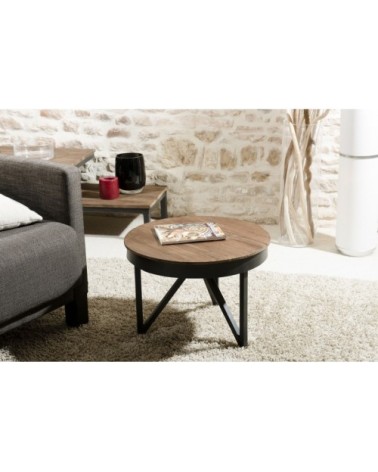 Table basse ronde d'appoint plateau teck recyclé pieds métal noir D50