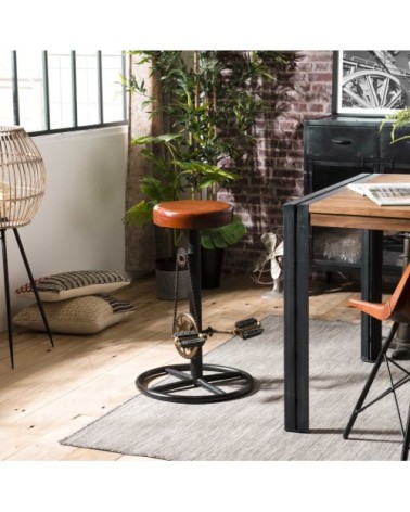 Tabouret de bar industriel cuir pieds métal noir déco pédales