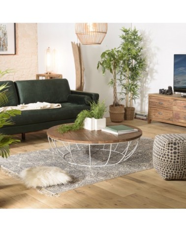 Table basse coque en teck recyclé métal blanc D120