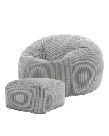 Pouf avec repose-pied carré velours côtelé gris clair