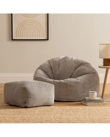 Pouf avec repose-pied carré velours côtelé gris clair