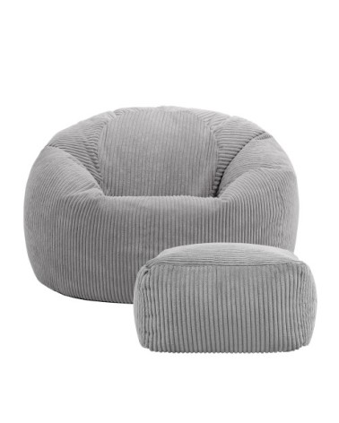 Pouf avec repose-pied carré velours côtelé gris clair