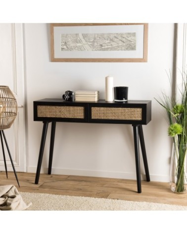 Console 2 tiroirs cannage noir