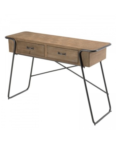 Console 2 tiroirs plateau sapin marqueté pieds métal