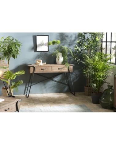 Console 2 tiroirs plateau sapin marqueté pieds métal