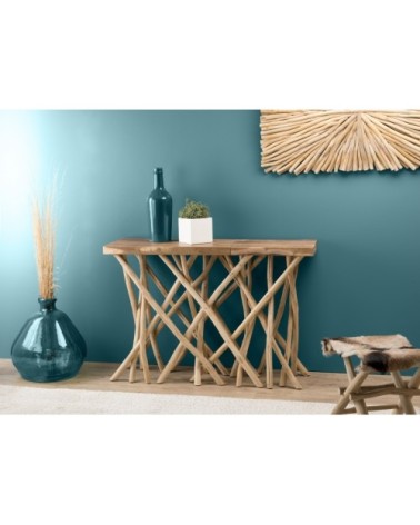 Console nature plateau en teck pieds bois flotté