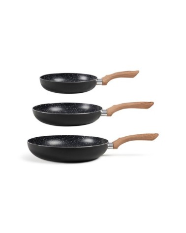 Set de 3 poêles aspect pierre et bois en aluminium noir