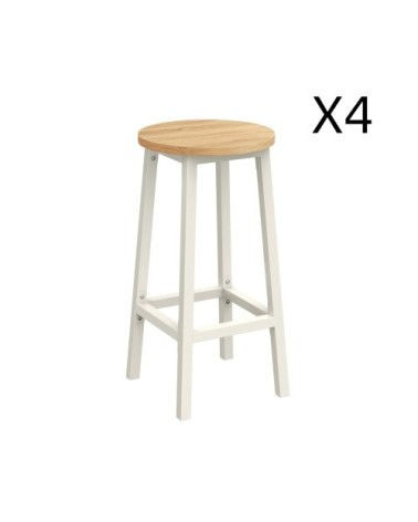 Tabourets de bar lot de 4 rond avec repose-pieds effet bois blanc