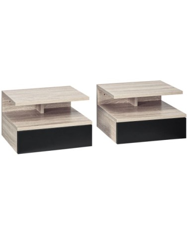 Lot de 2 tables de chevet murale tiroir niche aspect chêne clair noir
