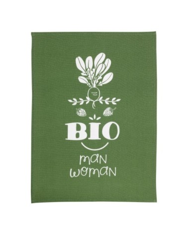 Torchon message bioman et woman en coton vert 70 x 50