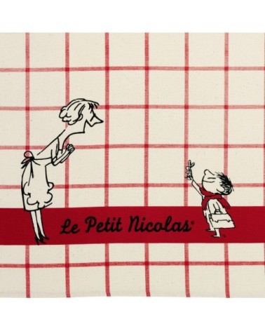 Torchon le petit nicolas carreaux en coton écru 48 x 72