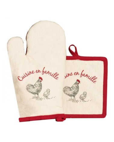 Gant de cuisine + Manique En famille en coton ivoire 18 x 28