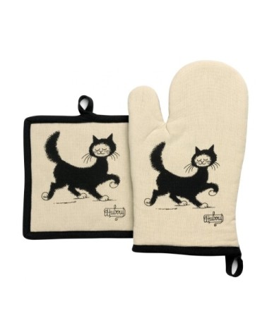 Gant de cuisine + Manique  Chat Balade en coton beige 18 x 28