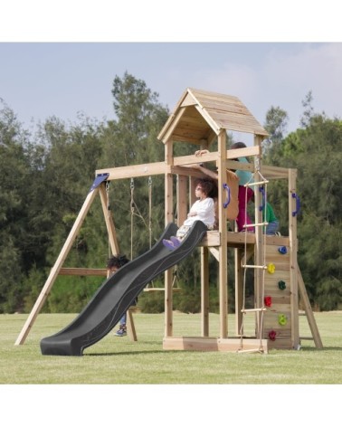 Aire de jeux avec toboggan, balançoire & échelle de corde, gris