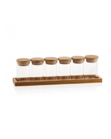 Set de 6 pots à épices en verre et plateau en bambou