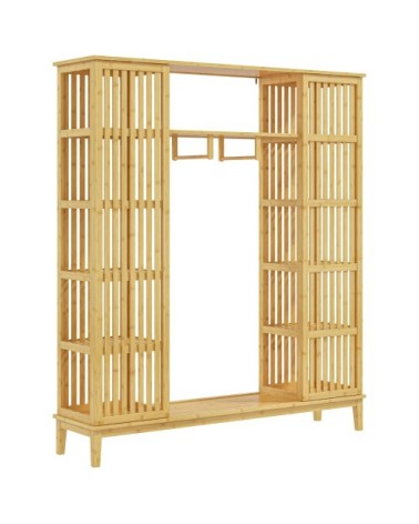 Armoire penderie en bambou 2 portes coulissantes 7 étagères 2 barres