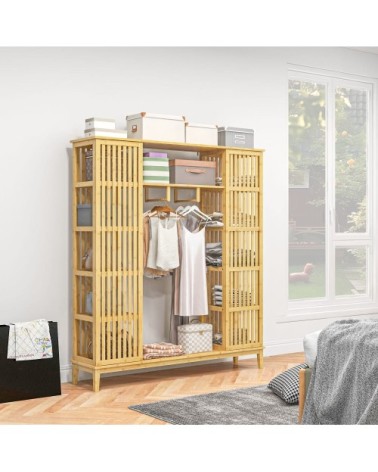Armoire penderie en bambou 2 portes coulissantes 7 étagères 2 barres