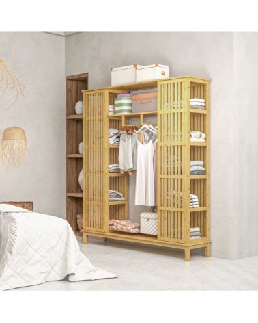 Armoire penderie en bambou 2 portes coulissantes 7 étagères 2 barres