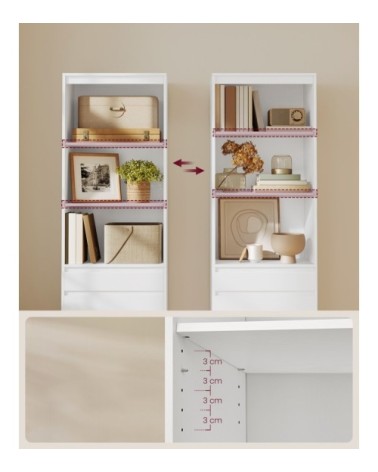 Bibliothèque 3 tiroirs de tailles différentes hauteur 180 cm blanc