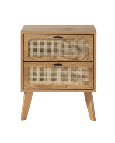 Chevet 2 tiroirs décor bois avec façades rotin - l45 cm