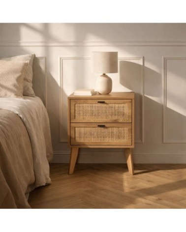 Chevet 2 tiroirs décor bois avec façades rotin - l45 cm