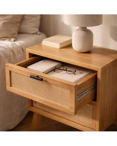 Chevet 2 tiroirs décor bois avec façades rotin - l45 cm