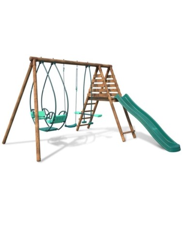 Balançoire en bois traité 3 agrès et toboggan