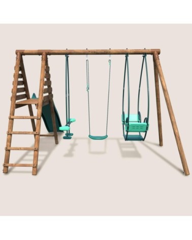 Balançoire en bois traité 3 agrès et toboggan