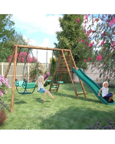 Balançoire en bois traité 3 agrès et toboggan