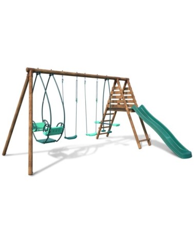 Balançoire en bois traité 4 agrès et toboggan