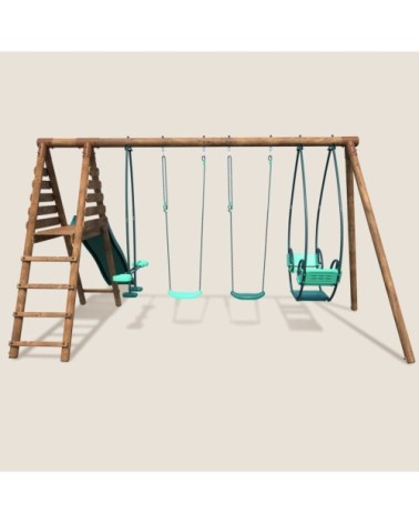 Balançoire en bois traité 4 agrès et toboggan