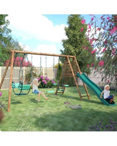 Balançoire en bois traité 4 agrès et toboggan