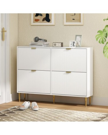 Meuble à chaussures 4 tiroirs rabattables étagères réglables MDF blanc