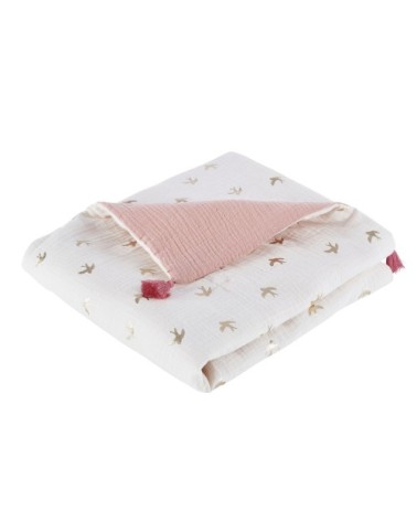 Plaid en gaze de coton bio rose et écru imprimé hirondelles 75x100