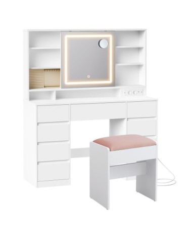 Coiffeuse 9 tiroirs tabouret loupe 10x éclairage 3 couleurs blanc