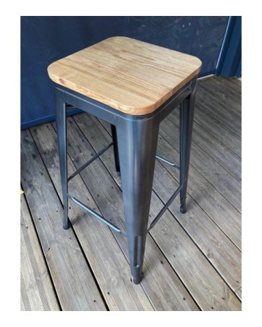 Tabouret de bar en acier gris et bois clair