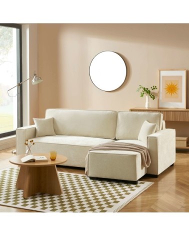 Canapé d'angle convertible en tissu 4 places beige