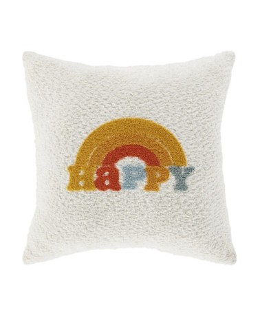 Coussin en sherpa broderie arc-en-ciel écrue, orange, jaune et bleue, 40x40