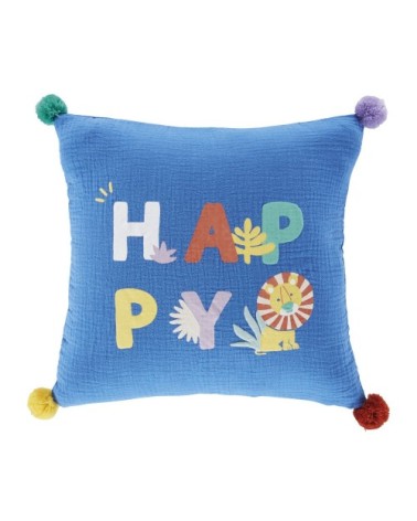 Coussin à pompons et imprimé HAPPY" multicolores, 35x35"