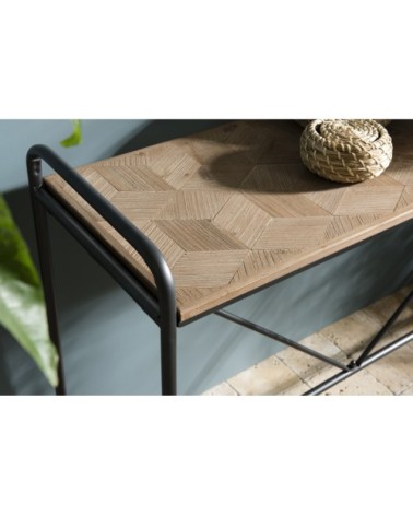 Console plateau sapin marqueté pieds métal noir
