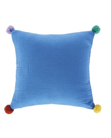 Coussin à pompons et imprimé HAPPY" multicolores, 35x35"